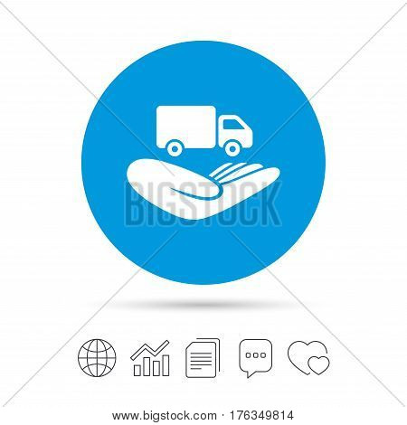 Company vehicles insurance sign icon. Hand holds delivery truck. Protection vehicle from damage and accidents. Copy files, chat speech bubble and chart web icons. Vector