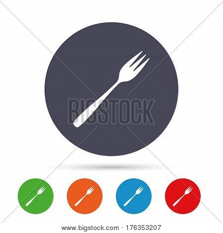 Eat sign icon. Cutlery symbol. Diagonal dessert trident fork. Round colourful buttons with flat icons. Vector