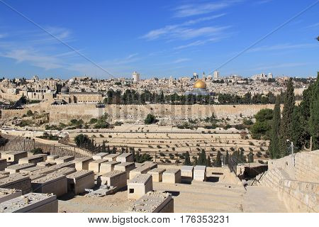 Panoramic view of Old Jerusalem including the Dome of the Rock, al-Aqsa Mosque and Cemetery on the Mount of Olives along the Kidron Valley.