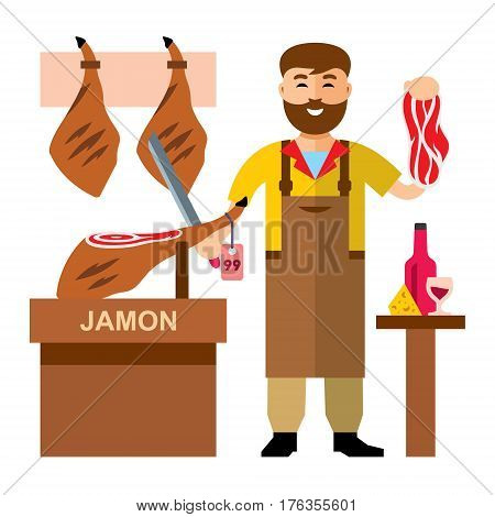 Man with a knife thinly sliced meat. Isolated on a white background