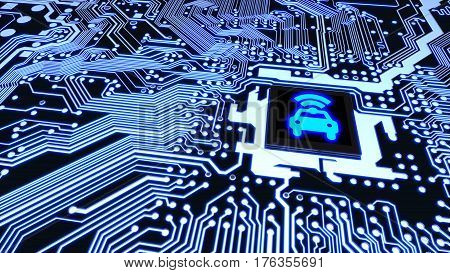 Blue circuit board closeup connected to a cpu with a glowing car wifi symbol on top smart vehicle concept 3D illustration