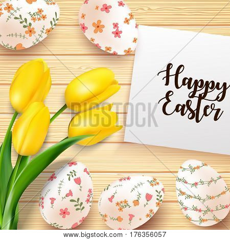 Vector illustration of Easter eggs with yellow tulips flower and paper on the texture wooden background