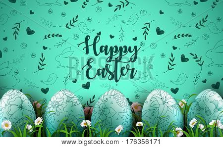 Vector illustration of Bright green background with realistic eggs and daisy flowers in the grass