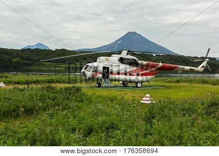 Kamchatka Peninsula, Russia - August 13, 2016: Helipad on the source of river Ozernaya on Kurile lake. South Kamchatka Nature Park.