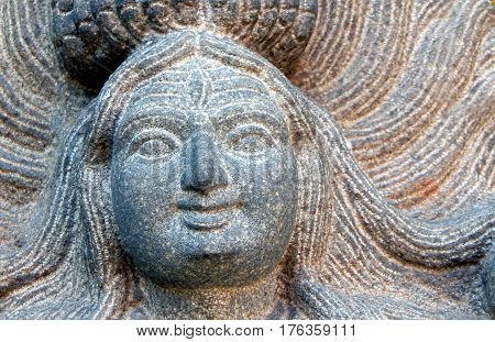 HYDERABAD,INDIA-MARCH 4:Stone carving of Hindu Goddess,traditional architecture,with ornaments and dress in Shilparamam on March 4,2017 in Hyderabad,India