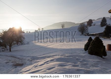 Sunrise in Alps in Austria in winter time