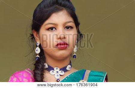 HYDERABAD,INDIA-MARCH 5:Portrait of Indian woman traditional Maharashtra Lavani dancer with makeup,dress,jewelry and hair style on March 5,2017 in Hyderabad,India