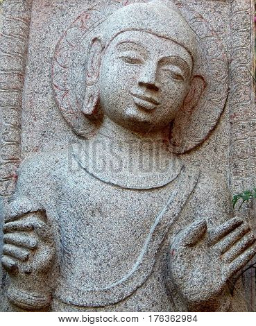 HYDERABAD,INDIA-MARCH 3:Stone carving of Buddha, traditional architecture thinking and blessing pose , in Shilparamam on March 3,2017 in Hyderabad,India