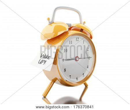 3d illustration. Alarm clock with sticky paper written 
