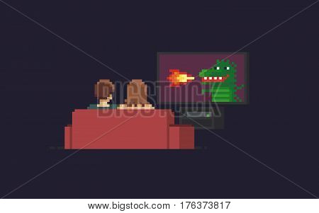 Pixel art couple watching tv with dragon that belching fire