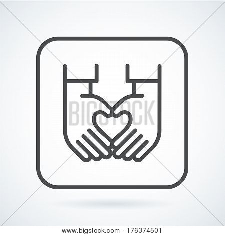 Black flat simple icon style line art. Outline symbol with stylized image of a gesture hand of a human heart in a square with rounded corners. Stroke vector logo mono linear pictogram web graphics.