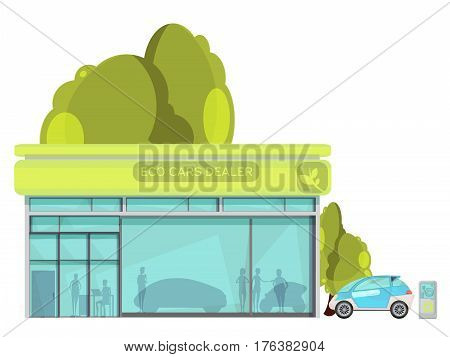 Flat design eco friendly electro cars dealer centre on white background vector illustration