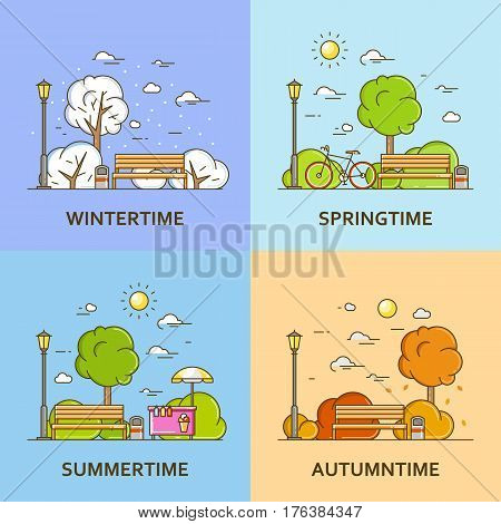 City landscape with bench and street lamp in public park in four season. Vector illustration in flat line style. Spring summer autunm and winter architecture design. Nature background concept