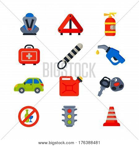 Auto transport motorist icons symbols and equipment symbols service car driver tools high detailed vector illustration set. Prohibitive signs transmission garage change vehicle automobile mechanic.