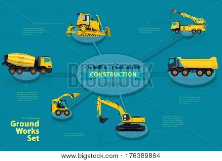 Graphical isometric layout themed construction machinery. Collection of heavy machinery for construction of houses, roads and industrial buildings. Earthworks Sales Offer infographics yellow vectors.