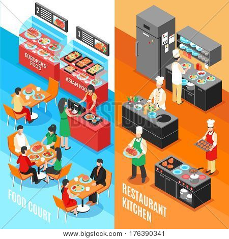 Set of two food court vertical banners with isometric interior compositions of restaurant and kitchen rooms vector illustration