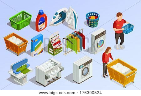 Laundry isometric dry-cleaning set with cleaning agents washing machines clothes dryer and faceless human characters vector illustration