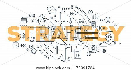 Vector Creative Illustration Of Strategy Word Lettering Typography With Line Icons On White Backgrou