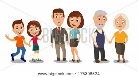 Set generations couples holding hands. Different ages from child to old people. Color flar vector illustration isolated on white background