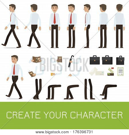 Businessman personage generator with smiling man in shirt and tie for creating your character. Man figure with body parts, objects in hands and business attributes flat isolated vector illustrations