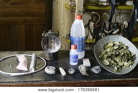 Essential items in a miners daily tool kit. October 8, 2012 - Potosi, Bolivia