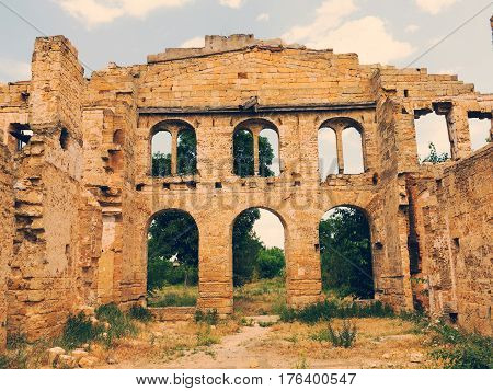 Ruins Of An Ancient House In Odessa, Ukraine. Historic Building Destroyed By Vandals Of The Proletar