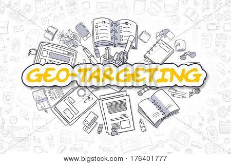 Cartoon Illustration of Geo-Targeting, Surrounded by Stationery. Business Concept for Web Banners, Printed Materials.