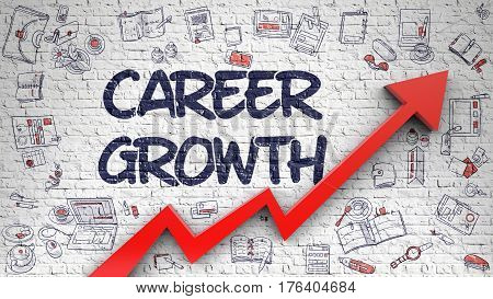 Career Growth Drawn on White Brickwall. Illustration with Doodle Design Icons. Career Growth - Success Concept with Doodle Icons Around on White Brick Wall Background.