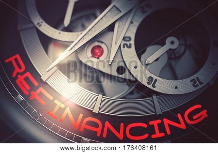 Vintage Wristwatch Machinery Macro Detail with Inscription Refinancing. Refinancing on the Old Watch, Chronograph Close View. Business Concept with Lens Flare. 3D Rendering.