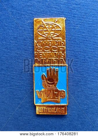 USSR - CIRCA 1985: Soviet badge with the inscription 