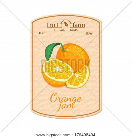 Vector orange jam lable. Composition of tropical orange fruits. Design of a sticker for a jar with orange jam, fruit marmalade, juice, smoothies. Sticker in a retro style with texture for your design