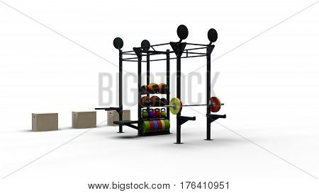 Metal sport rack and equipment isolated on a white background with shadows isometric view 3D illustration render