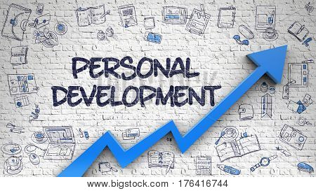 Personal Development Inscription on Modern Illustation. with Blue Arrow and Hand Drawn Icons Around. Personal Development - Modern Illustration with Doodle Design Elements.