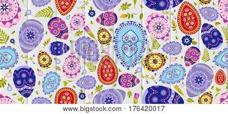 Stock vector seamless pattern Happy Easter background colored eggs, spring decoration, leave, tulip flower design element in flat style for printed material, postcard, greeting, festive card banner, flyer