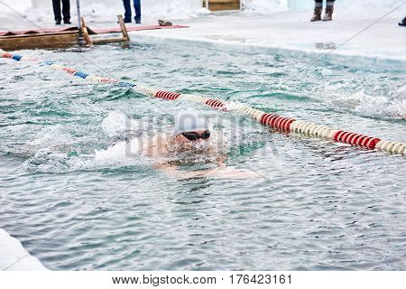Sahyurta, Irkutsk Region, Russia - March 11.2017: Cup Of Baikal. Winter Swimming Competitions