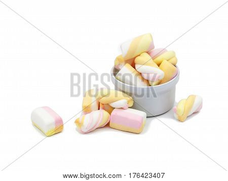 Pastel Marshmallows in white cup on white background