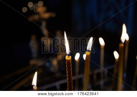 The candles in orthodox church. Selective focus