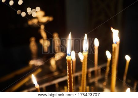 The candles in orthodox church. Selective focus