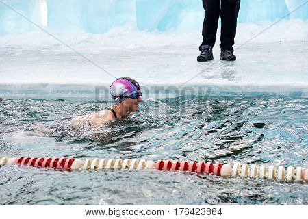 Sahyurta, Irkutsk Region, Russia - March 11.2017: Cup Of Baikal. Winter Swimming Competitions