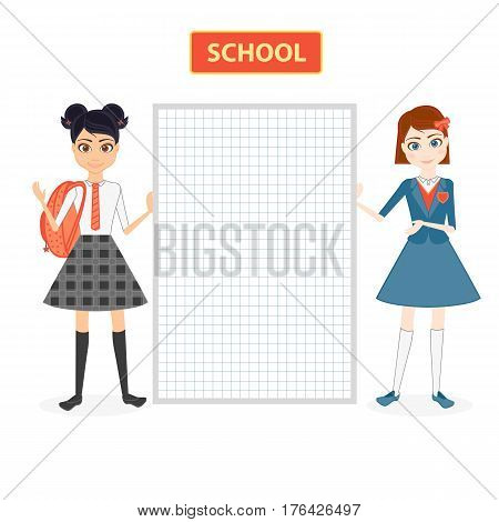 Schoolgirl character. Cartoon vector flat illustration. Girls friend pupil in school uniforms. A student in a traditional school uniform.