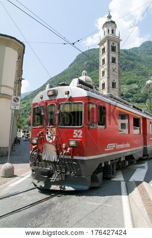 Bernina Express Train Arriving At Tirano On Italy