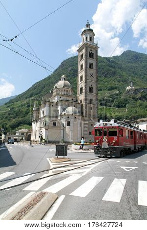 Bernina Express Train Arriving At Tirano On Italy