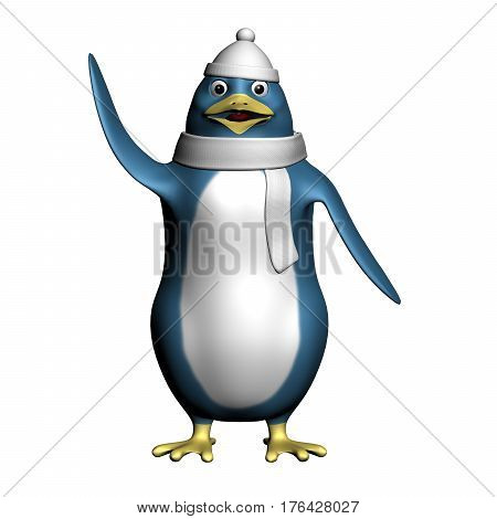 cute happy penguin in a white hat and scarf waving hand 3d illustration render.