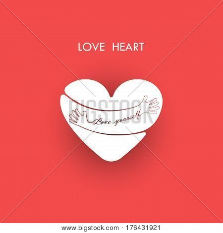 Hug yourself logo.Love yourself logo.Love and Heart Care icon.Embrace heart logo design vector template.Embracing logotype negative space icon.Heart shape and healthcare & medical concept.Vector illustration