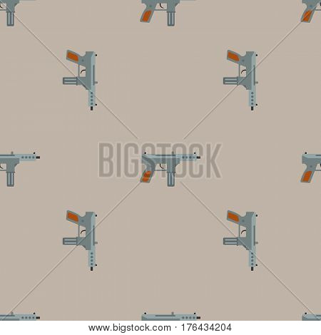 Submachine gun security and military weapon. Metal automatic gun. Seamless pattern, tiling ornament vector illustration