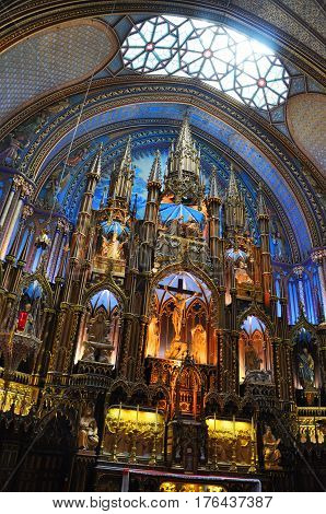 MONTREAL - AUG. 4, 2011: Altar of Montreal Notre-Dame Basilica (French: Basilique Notre-Dame de Montreal), Montreal, Quebec, Canada.