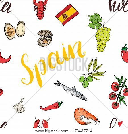 Spain seamless pattern doodle elements Hand drawn sketch spanish food shrimps olives grape flag and lettering. vector illustration background