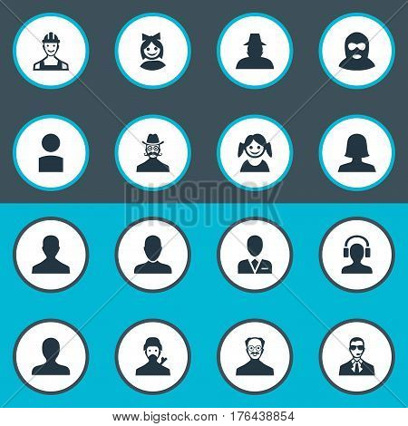 Vector Illustration Set Of Simple Avatar Icons. Elements Proletarian, Male With Headphone, Male User And Other Synonyms Profile, Face And Inspector.