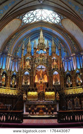 MONTREAL - AUG. 4, 2011: Altar of Montreal Notre-Dame Basilica (French: Basilique Notre-Dame de Montreal), Montreal, Quebec, Canada.