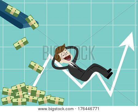 Businessman looking for growth chart , money and pointing finger to raise the graph get a lot of money.Chart growth and success concept. Cartoon Vector Illustration.